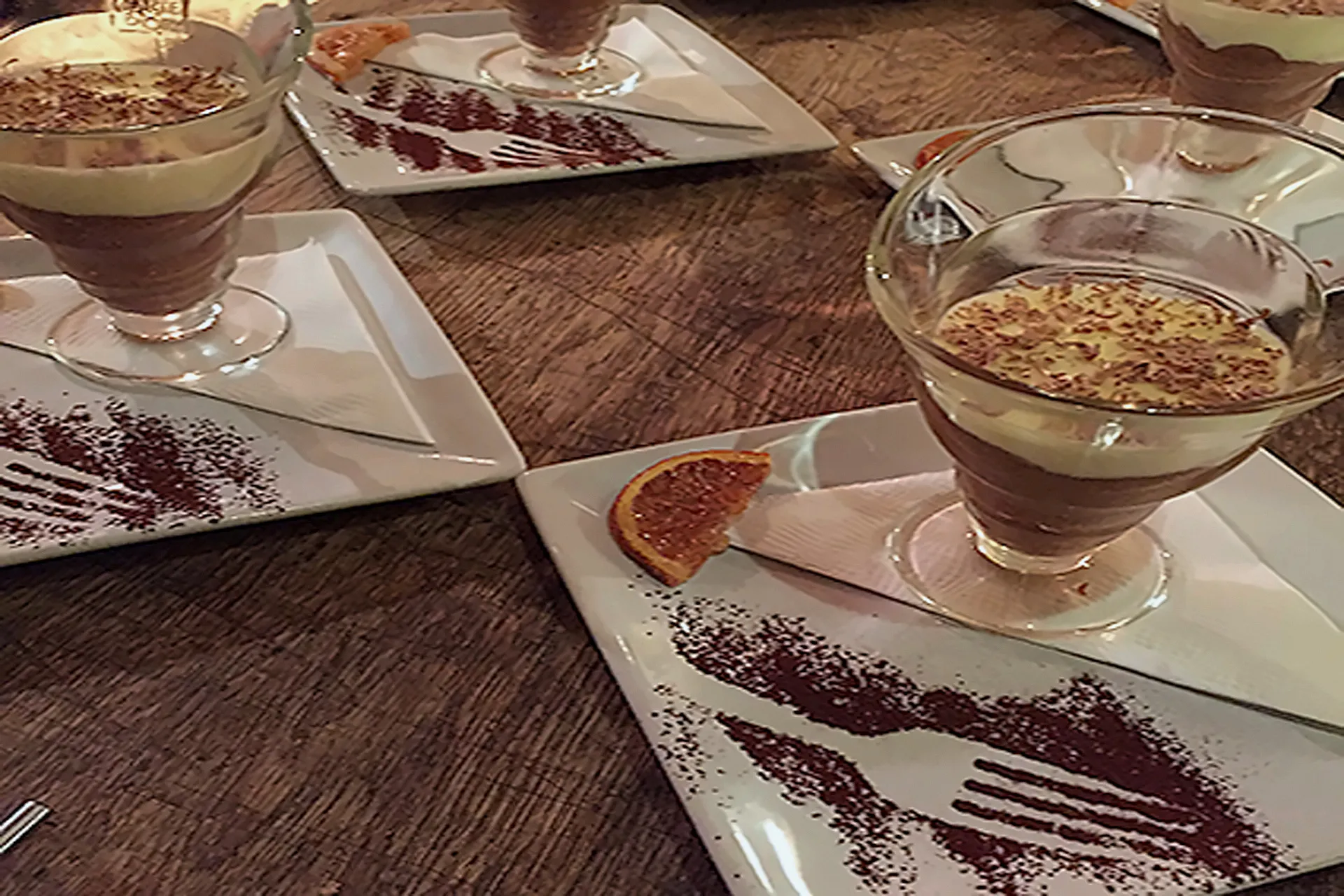 Chocolate mousse dessert being prepared in a luxury catered chalet in Morzine